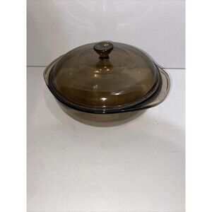 Pyrex Glass Amber 023 N~Round 1.5 Qt L Casserole Baking Dish With Lid USA